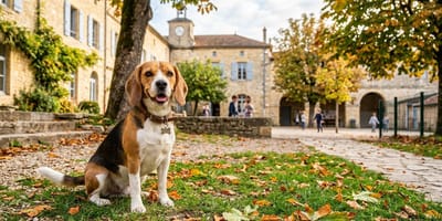 un beagle devant une école