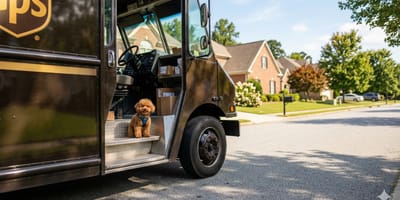 Un caniche dans un camion ups