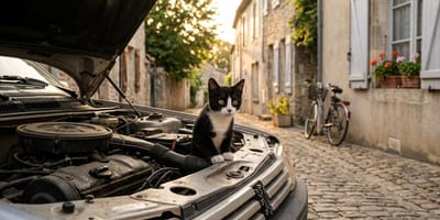 Un chat dans un capot de voiture