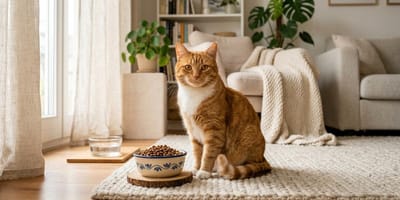 Eine Katze steht vor ihrem Futternapf