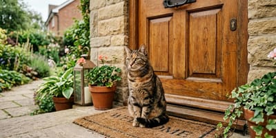 eine Katze sitzt vor ihrem Haus