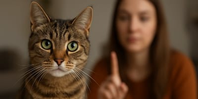 A cat in front of its owner