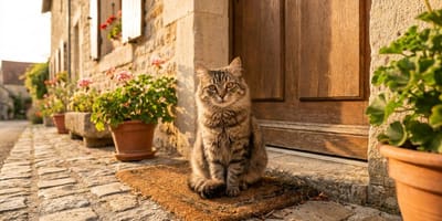 Eine Katze vor einem Haus