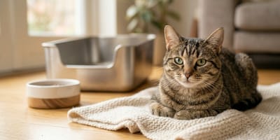 Un chat en parfaite santé près de sa gamelle