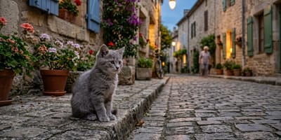 un gatto grigio in strada di notte