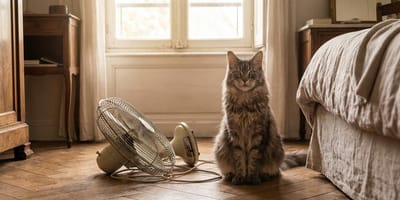 Un gatto Maine Coon vicino a un ventilatore