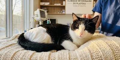 Un chat noir et blanc blessé par une flèche
