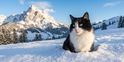 Een zwart-witte kat in de sneeuw