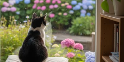 A black and white cat in front of a window