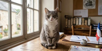 Eine Katze sitzt auf einem Schreibtisch