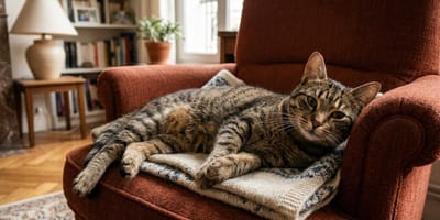 Eine Katze liegt entspannt auf einem Sofa