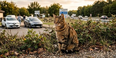 kot na parkingu przy autostradzie
