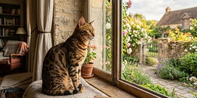 un chat tigré près d'une fenêtre