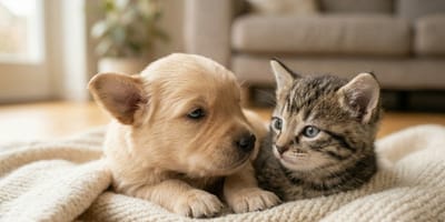 when do puppies and kittens start to hear: a kitten and a puppy looking at each other