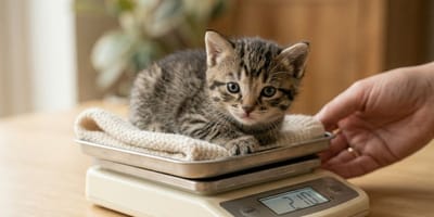 A kitten on a scale to check its weight