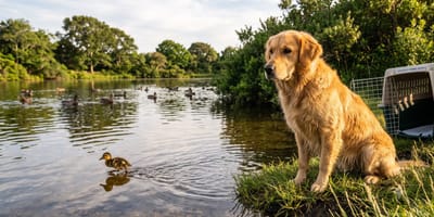 Een hond naast eenden