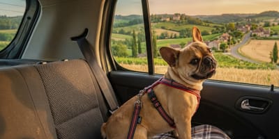 Ein Hund sits auf der Rückbank eines Autos