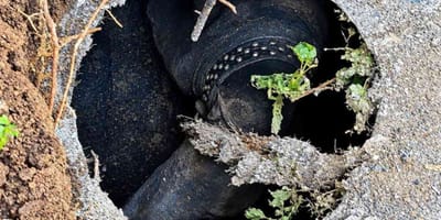 Un perro atrapado en un pozo de drenaje