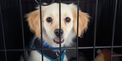 Ein Hund in einem Käfig