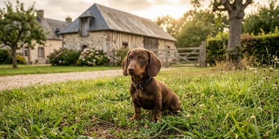 un chien devant une ferme