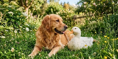 Ein Golden Retriever und eine Ente
