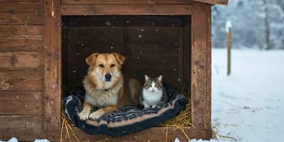 Chien et chat installés ensemble sur une couverture dans un abri en bois pendant une chute de neige hivernale
