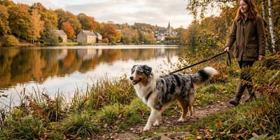 Ein Hund bei einem Spaziergang mit seinem Hundehalter