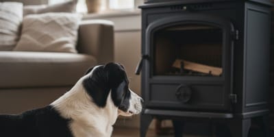 Ein schwarz-weißer Hund liegt vor einem Kaminofen