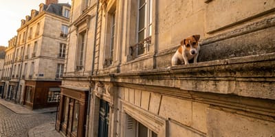 Een hond die vastzit op een richel