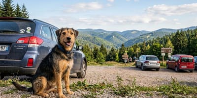 un chien qui attend son humain dans un parking