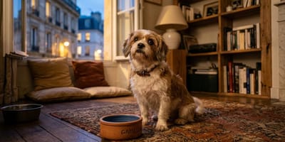 A dog waiting for its meal