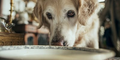 Un chien qui boit dans une écuelle en porcelaine