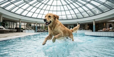 un chien qui joue dans une piscine