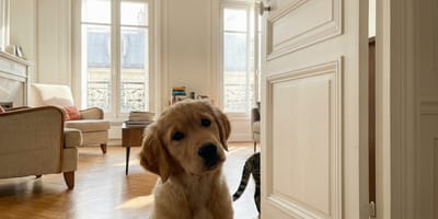 Un cane che guarda uno sportello, perplesso