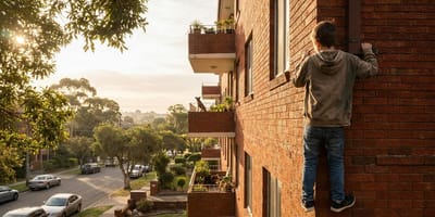 A terrified dog trapped on balcony ledge of a high-rise
