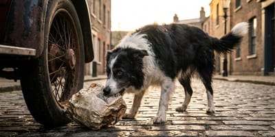 Un chien trouve un paquet dans la rue