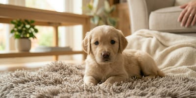 when does puppy socialisation begin: a puppy lying on a rug