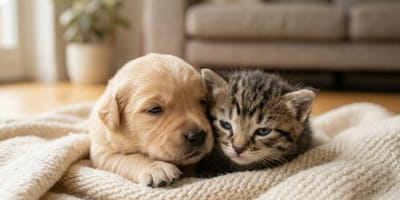 A puppy and a kitten opening their eyes