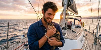 Un homme et son chat sur un bateau