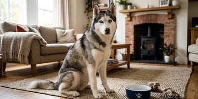 Ein Sibirischer Husky sitzt entspannt in einem gemütlichen Wohnzimmer