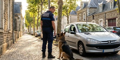 Un policier devant une voiture au soleil
