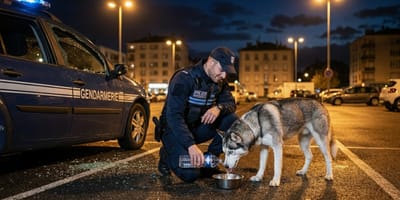 Francuski policjant w mundurze podaje wodę w misce psu w typie husky
