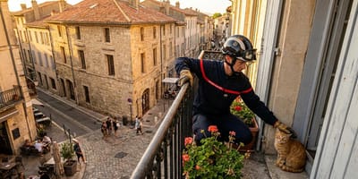 Un bombero rescatando a un gato