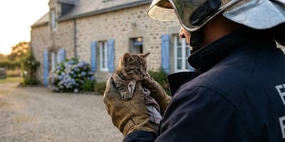 Un bombero que rescata a un gatito