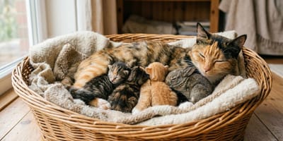 Une chatte et ses chatons avec un bébé lapin