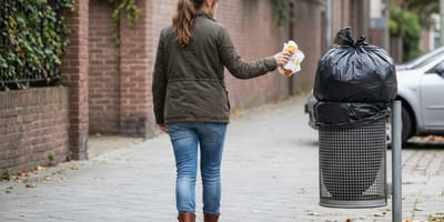 Eine Frau nähert sich einem Mülleimer in der Stadt