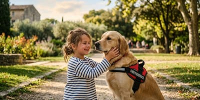 Une fillette et son chien d'assistance