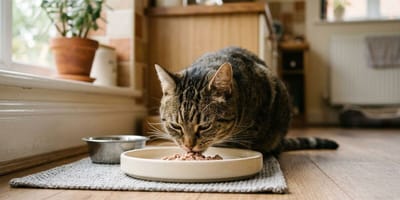 whisker fatigue: cat eating from bowl