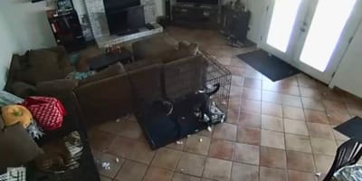 Woonkamer met twee honden in een bench