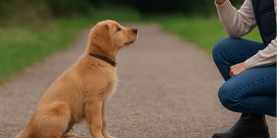 Woman training labrador puppy